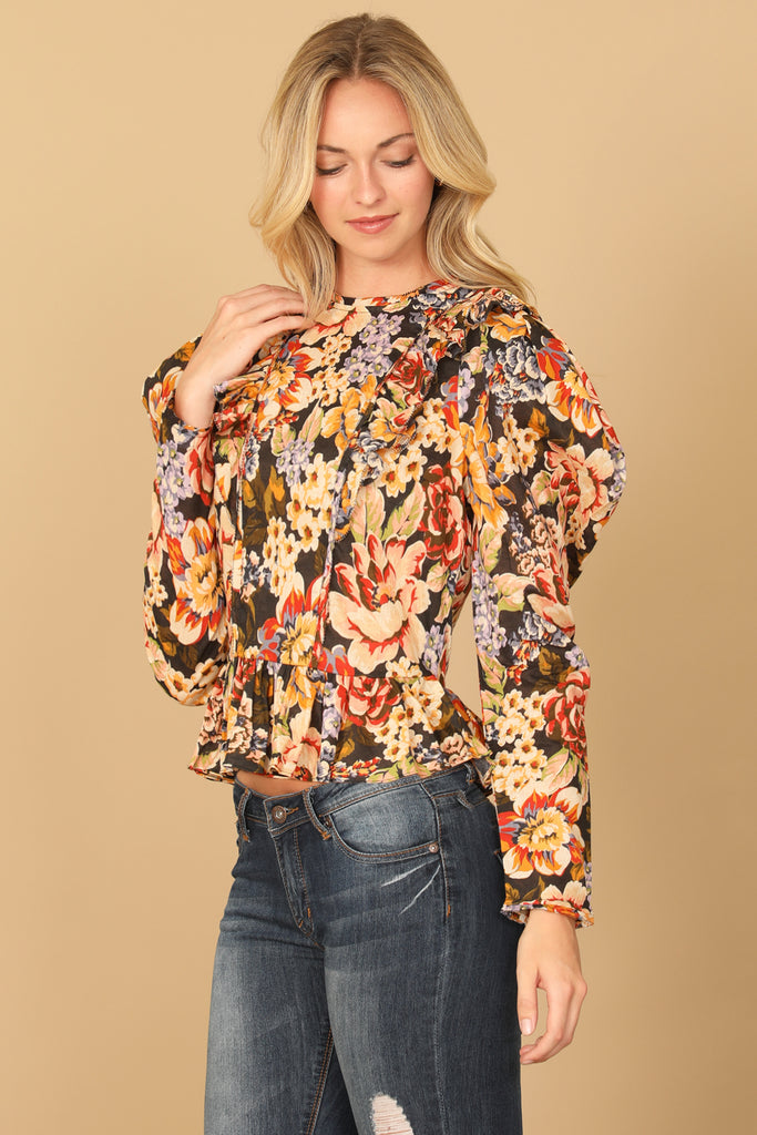 FLORAL LONG SLEEVE RUFFLE WAIST CROP TOP