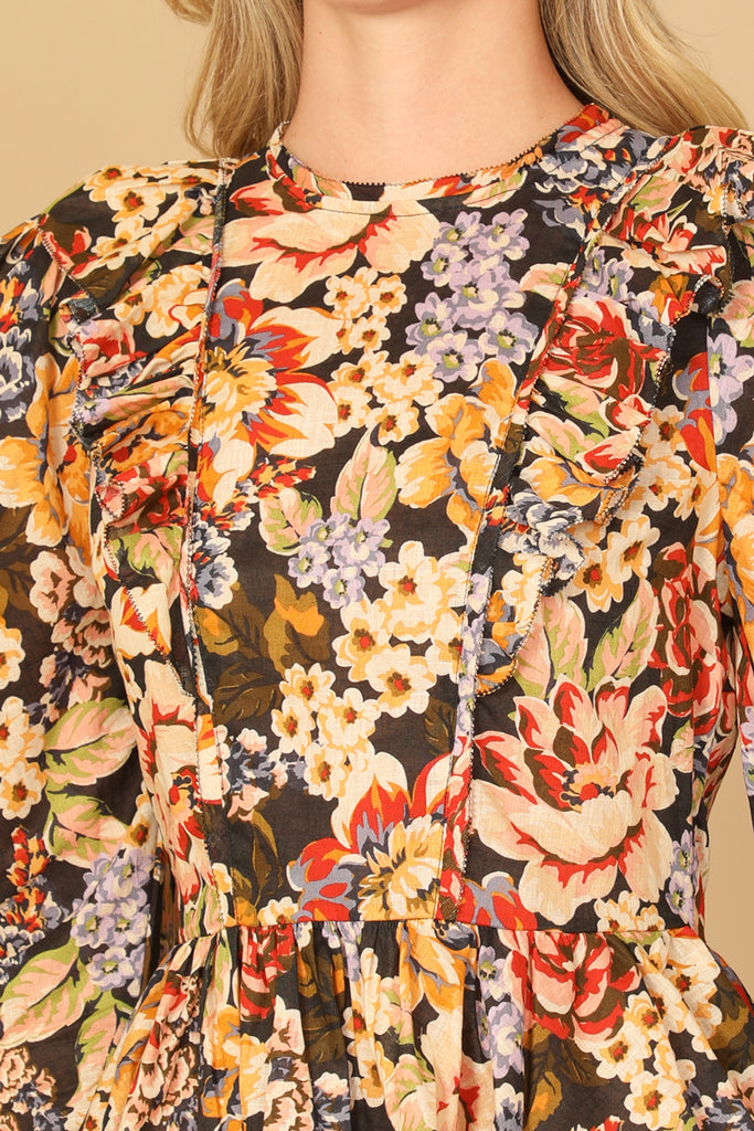 FLORAL LONG SLEEVE RUFFLE WAIST CROP TOP