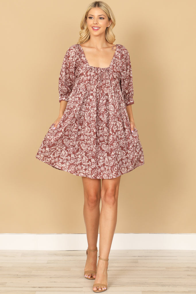 PUFF SLEEVE BABYDOLL PRINTED MINI DRESS