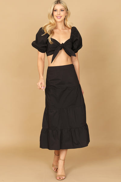 PUFF SLEEVE KNOT FRONT SOLID CROP TOP & SKIRT SET – Riah Fashion