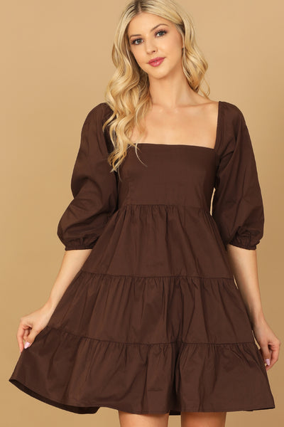 Puff Sleeve Square Neck Solid Tiered Dress Puff Sleeve Square Neck Solid Tiered Dress