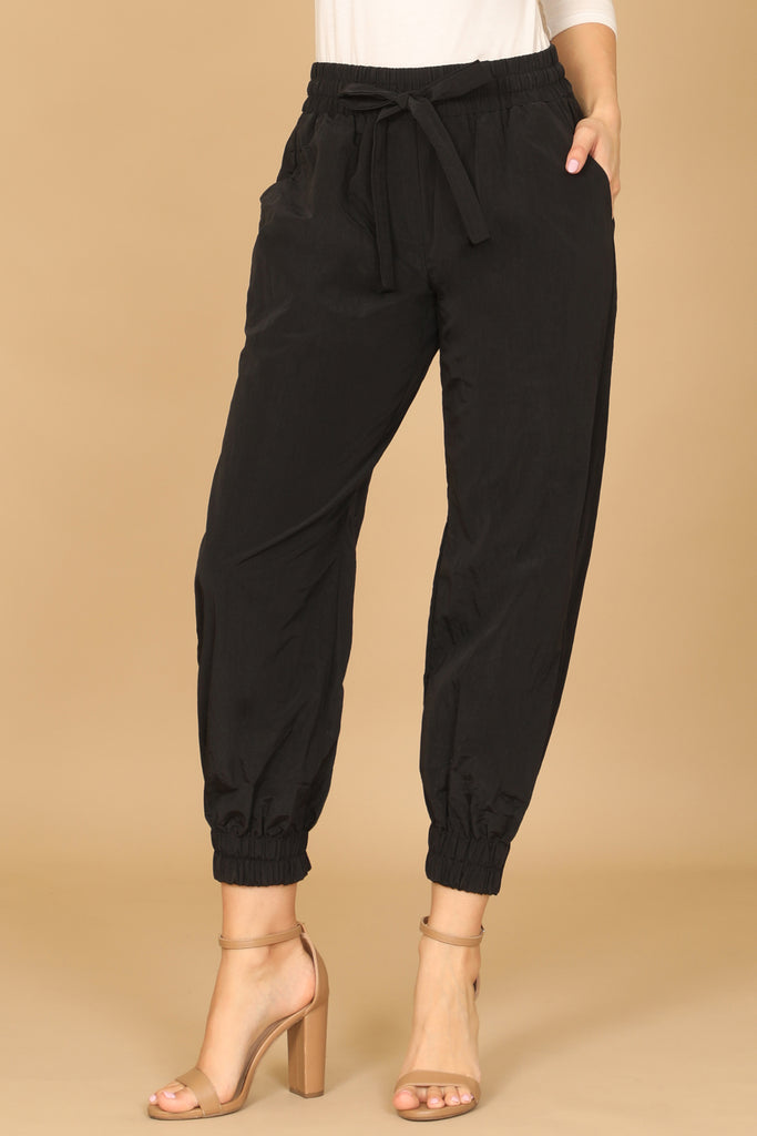 WAIST TIE GARTERIZED HEM SOLID PANTS