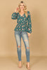V-NECK ELASTIC WAIST LONG SLEEVE FLORAL TOP