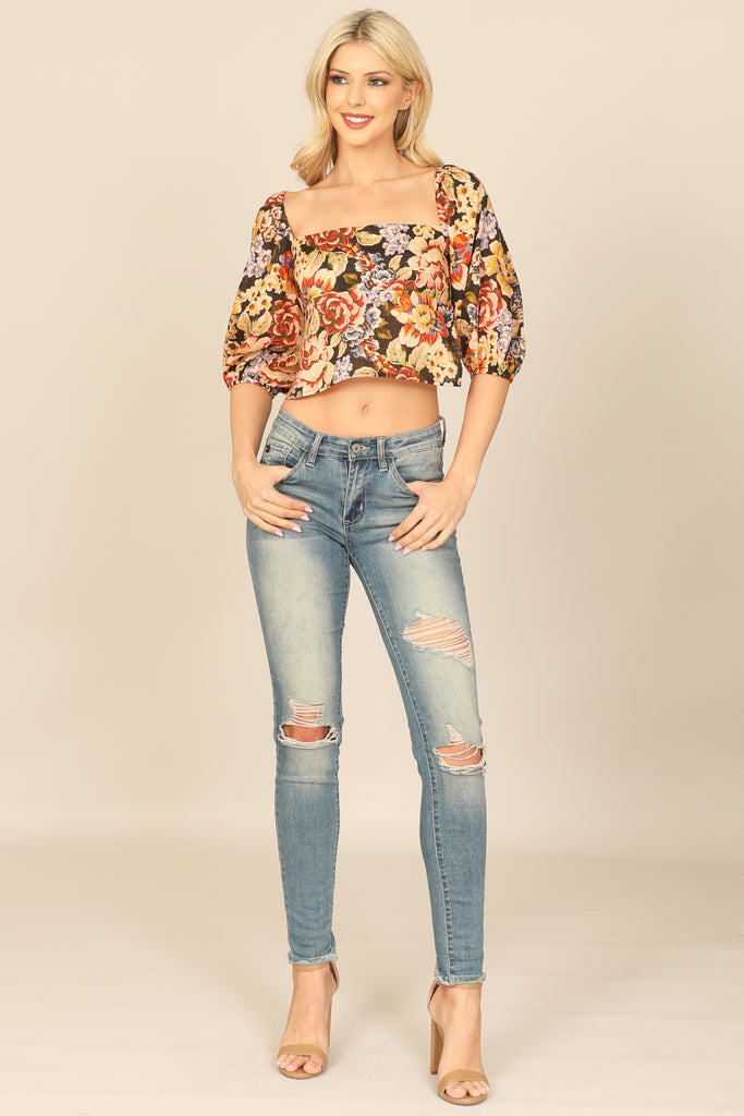 FLORAL PUFF SLEEVE TIE BACK CROP TOP