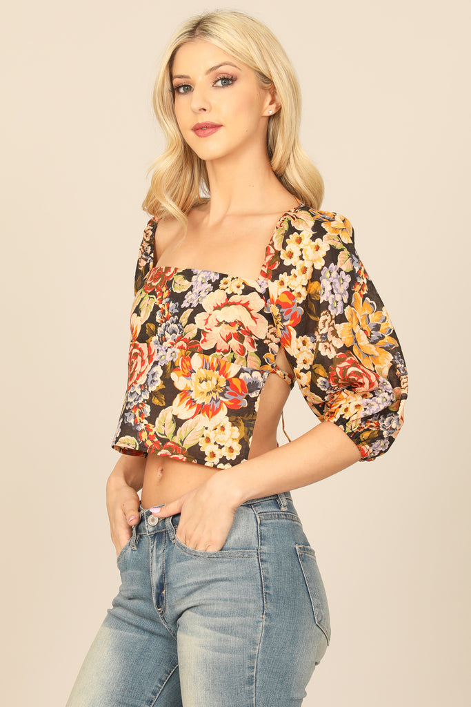 FLORAL PUFF SLEEVE TIE BACK CROP TOP