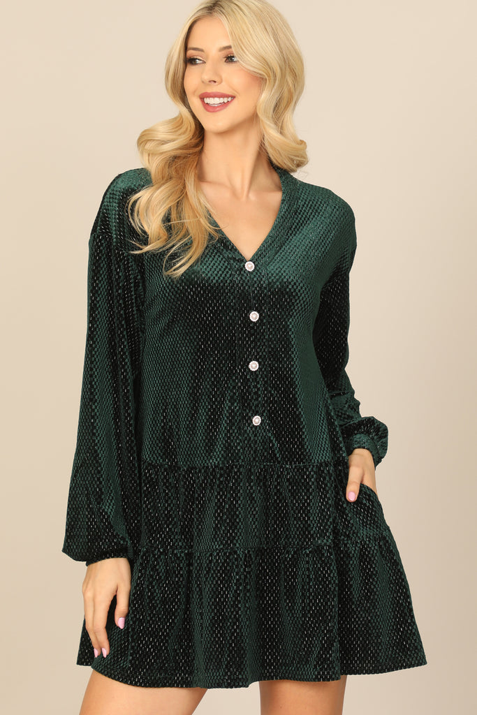 VELVET LONG PUFF SLEEVE BUTTON DETAIL SILVER DETAIL DRESS – Riah Fashion VELVET LONG PUFF SLEEVE BUTTON DETAIL SILVER DETAIL DRESS – Riah Fashion