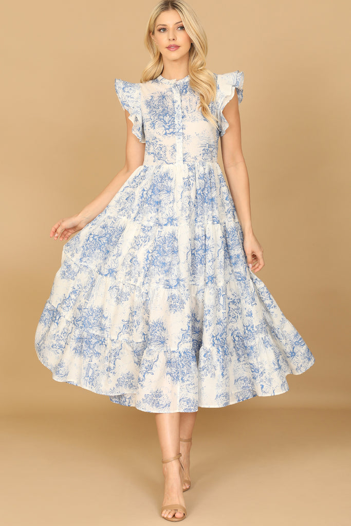 BUTTERFLY SLEEVE PRINTED TIERED MIDI DRESS Riah Fashion BUTTERFLY SLEEVE PRINTED TIERED MIDI DRESS Riah Fashion