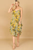 SPAGHETTI STRAP V-NECK CURVE RUFFLE HEM LEAFY DRESS