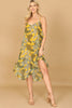 SPAGHETTI STRAP V-NECK CURVE RUFFLE HEM LEAFY DRESS