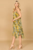 SPAGHETTI STRAP V-NECK CURVE RUFFLE HEM LEAFY DRESS