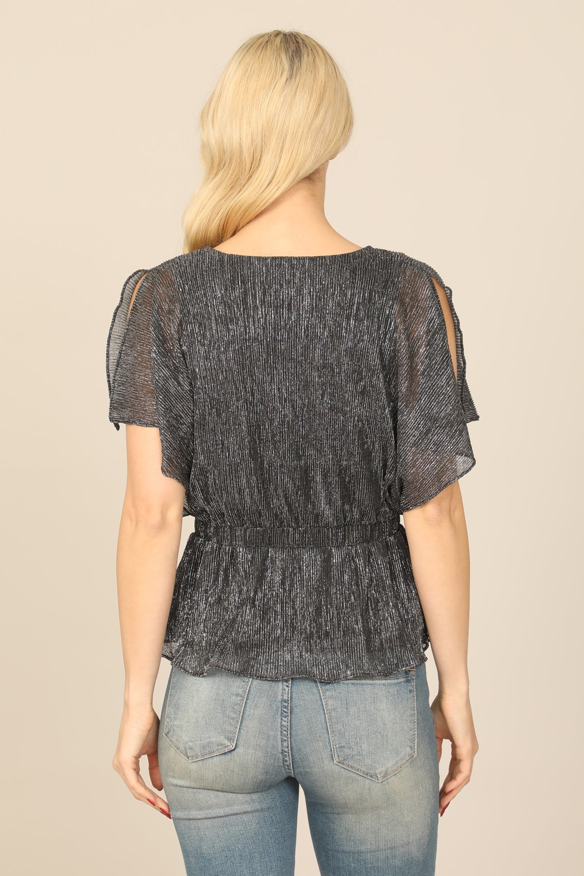 ELASTIC PEPLUM SHINY WRAP TOP – Riah Fashion