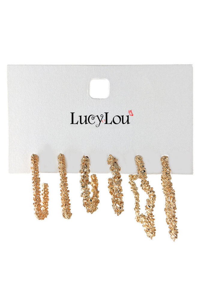 GOLD 3 PAIRS ON A CARD POPCORN TEXTURE FASHION EARRING SET
