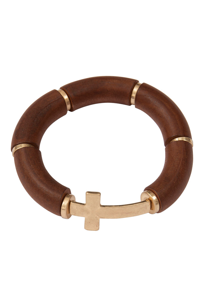TUBULAR WOOD BEAD CROSS STRETCH BRACELET