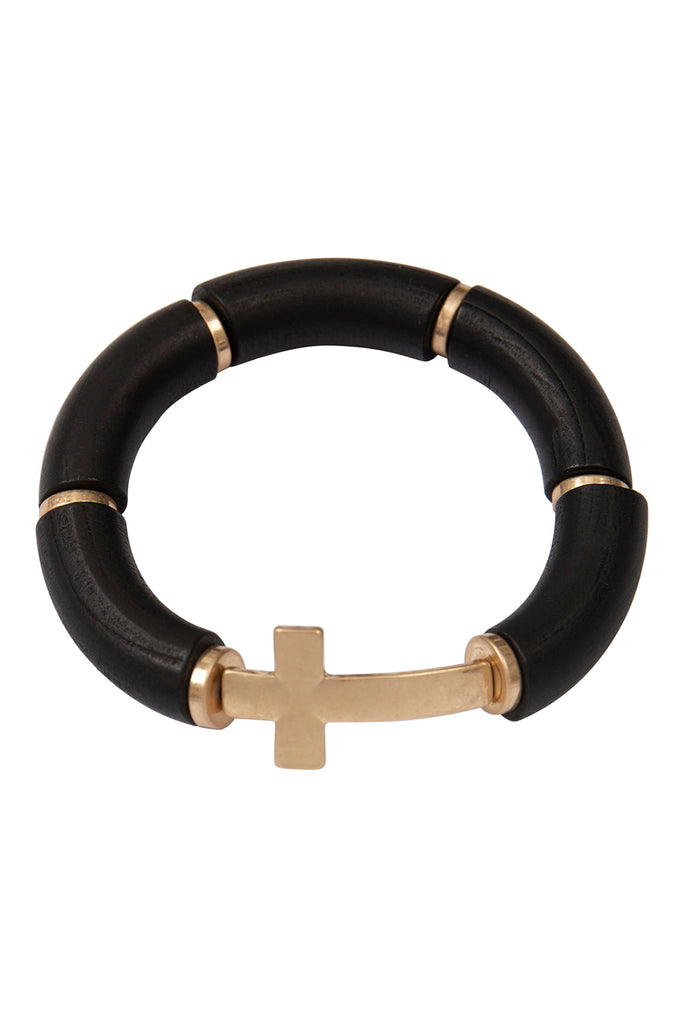 TUBULAR WOOD BEAD CROSS STRETCH BRACELET