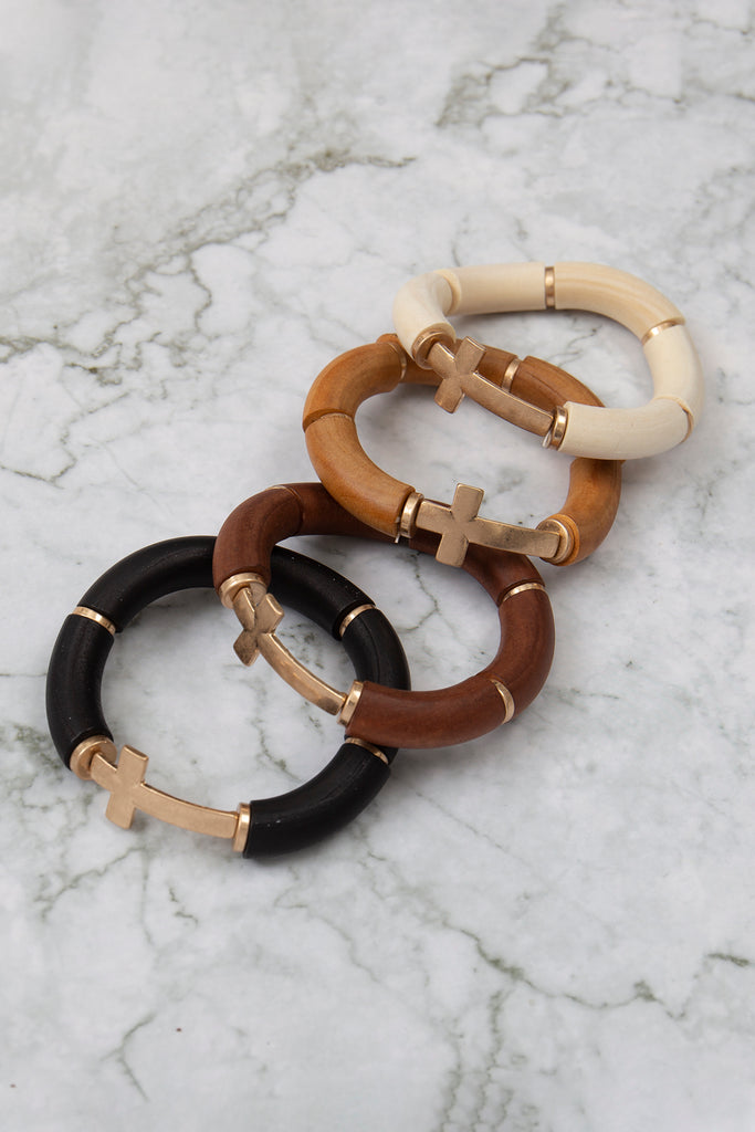 TUBULAR WOOD BEAD CROSS STRETCH BRACELET