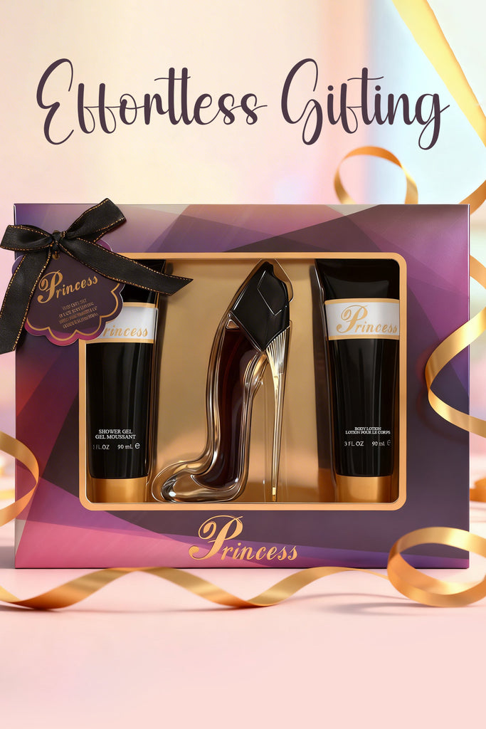 PRINCESS HIGH HEEL BLACK PERFUME GIFT SET FOR WOMEN 3 PIECE – 100ML EDP + 90ML SHOWER GEL + 90ML BODY LOTION - Riah Fashion