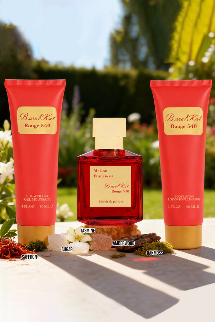 BARAKKAT ROUGE 540 PERFUME GIFT SET FOR WOMEN 3 PIECE – 100ML EDP + 90ML SHOWER GEL + 90ML BODY LOTION - Riah Fashion