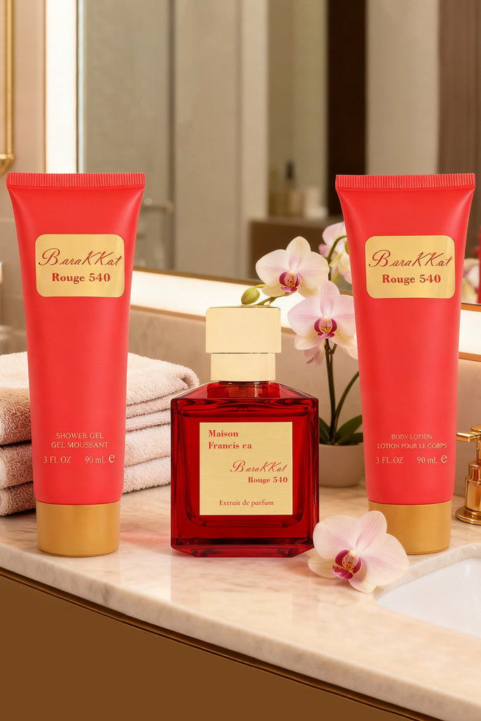 BARAKKAT ROUGE 540 PERFUME GIFT SET FOR WOMEN 3 PIECE – 100ML EDP + 90ML SHOWER GEL + 90ML BODY LOTION - Riah Fashion