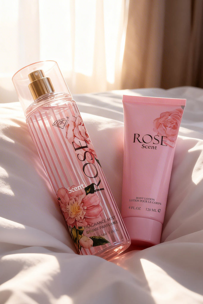 ROSE SCENT FRAGRANCE MIST & BODY LOTION GIFT SET FOR WOMEN – 2 PIECE SET (250ML FRAGRANCE MIST + 120ML BODY LOTION) - Riah Fashion