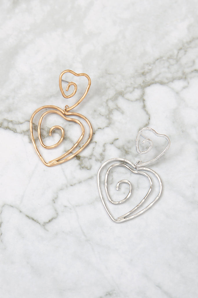 HEART SWIRL HAMMERED 2 DROP EARRINGS