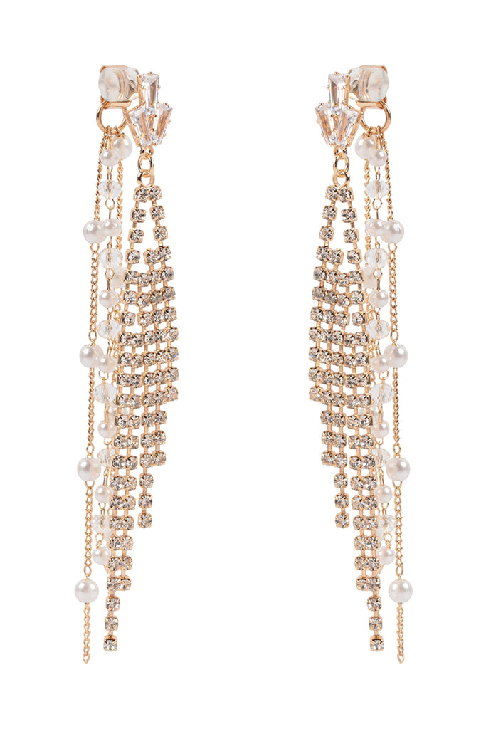 PEARL RHINESTONE FRINGE FRONT BACK CHAIN DROP EARRINGS