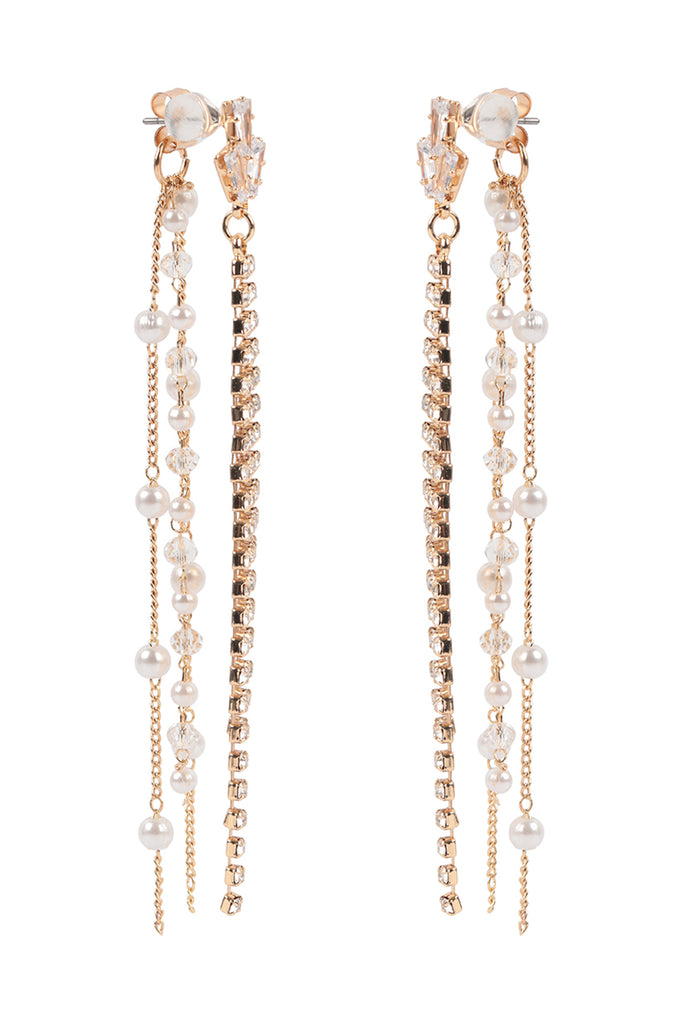 PEARL RHINESTONE FRINGE FRONT BACK CHAIN DROP EARRINGS