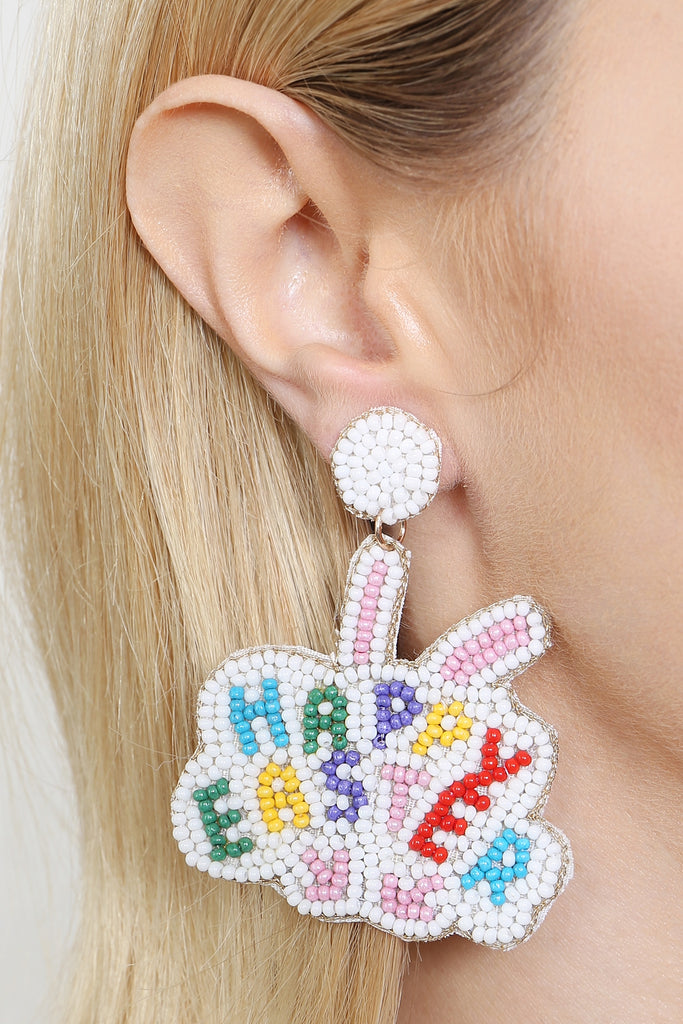 HAPPY EASTER RABBIT SEED BEAD DROP EARRINGS