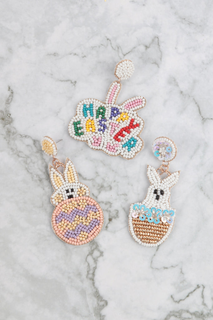 HAPPY EASTER RABBIT SEED BEAD DROP EARRINGS