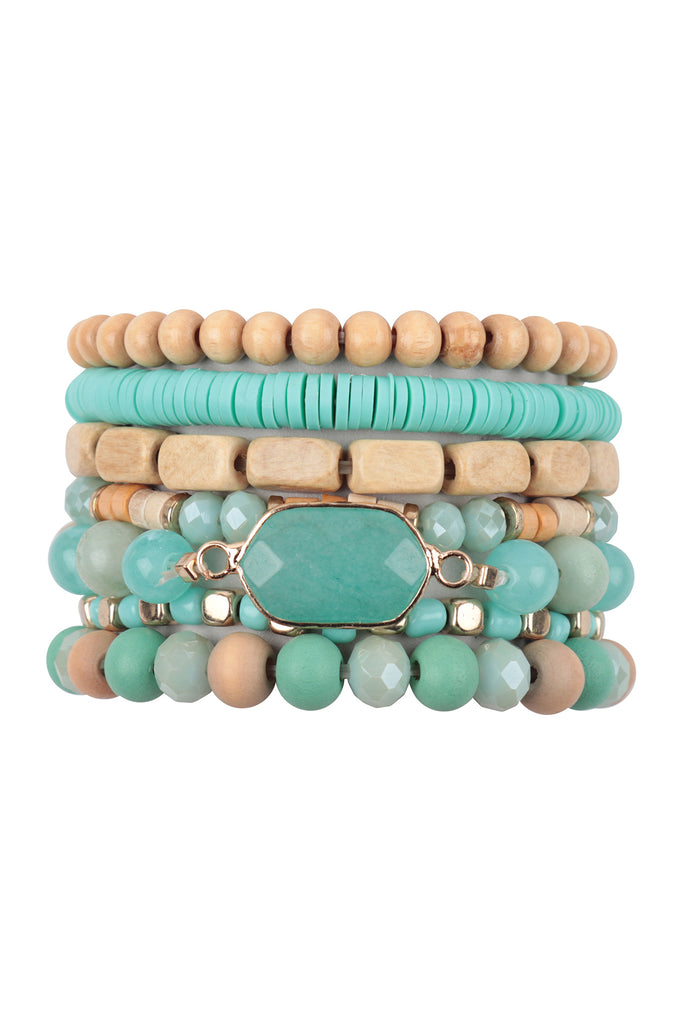 CHARM LAYERED WOOD, FIMO, RONDELLE MIX BEADS STACKABLE BRACELET