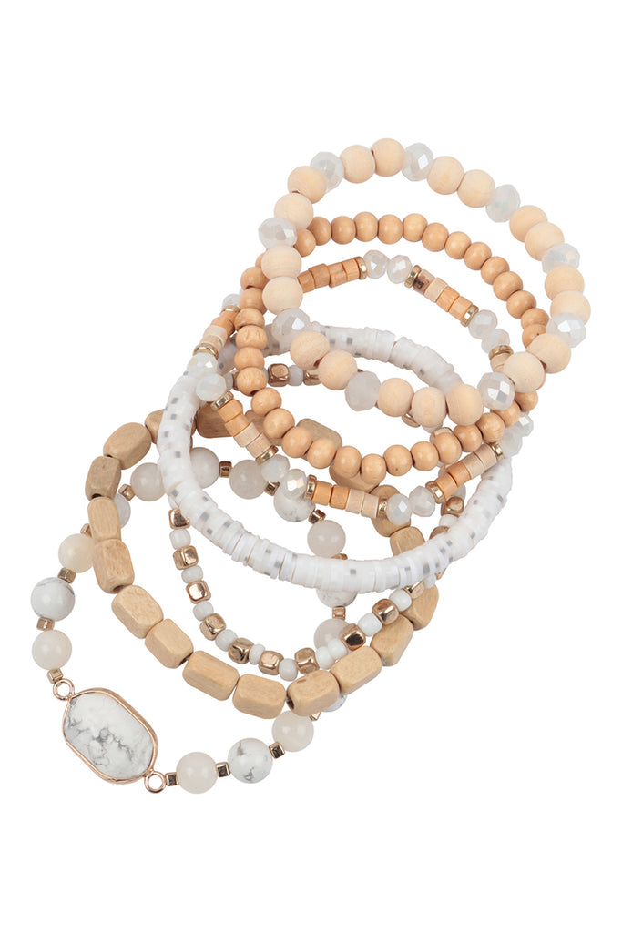 CHARM LAYERED WOOD, FIMO, RONDELLE MIX BEADS STACKABLE BRACELET