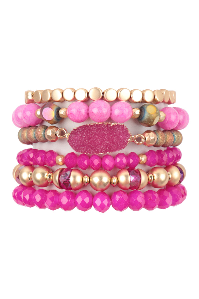 Solid Tone Stone Beads Charm Bracelet by Aloha 808: Pink