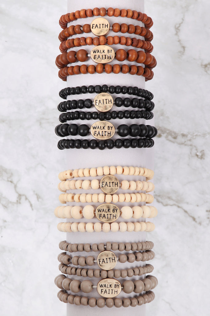 "FAITH" WOOD STACKABLE BEADED BRACELET