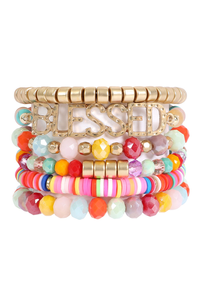 "BLESSED" CHARM MULTILINE BEADED BRACELET