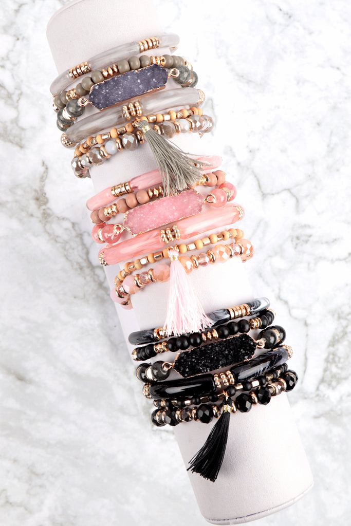 CHARM MIX BEADS TUBULAR DRUZY W/ TASSEL VERSATILE BRACELET