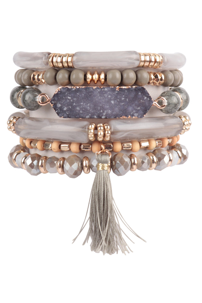 CHARM MIX BEADS TUBULAR DRUZY W/ TASSEL VERSATILE BRACELET