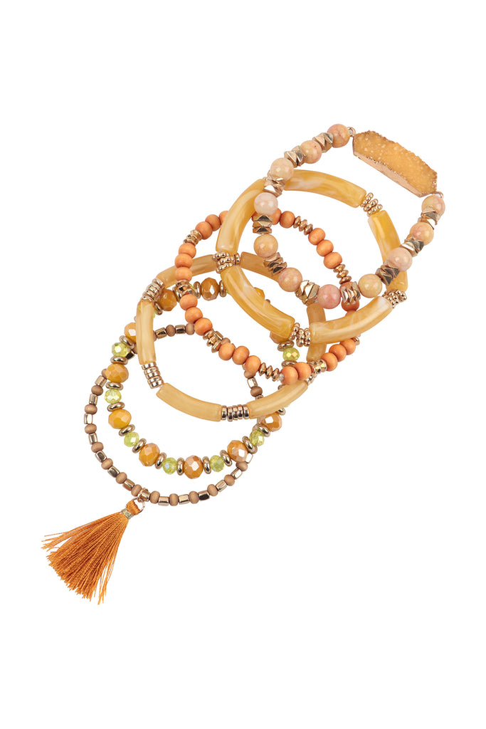 CHARM MIX BEADS TUBULAR DRUZY W/ TASSEL VERSATILE BRACELET