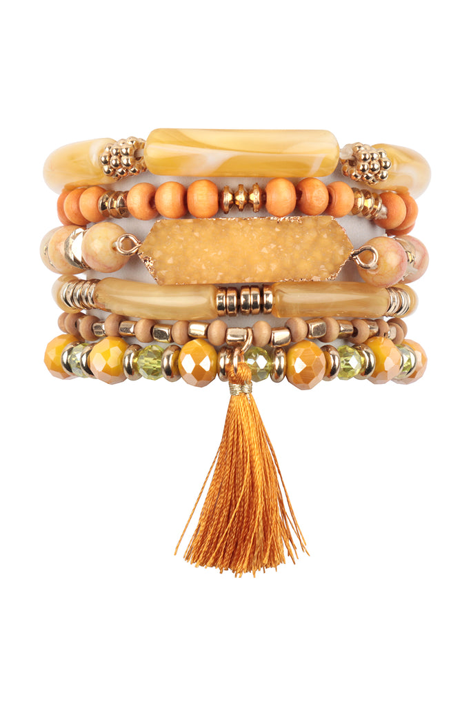 CHARM MIX BEADS TUBULAR DRUZY W/ TASSEL VERSATILE BRACELET