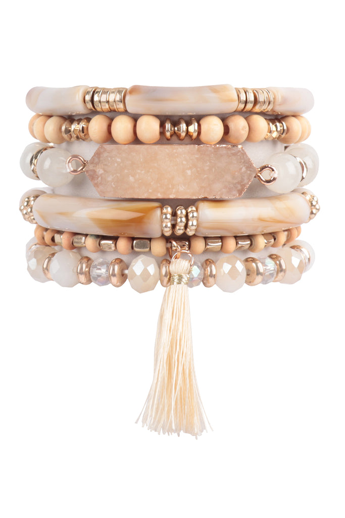 CHARM MIX BEADS TUBULAR DRUZY W/ TASSEL VERSATILE BRACELET