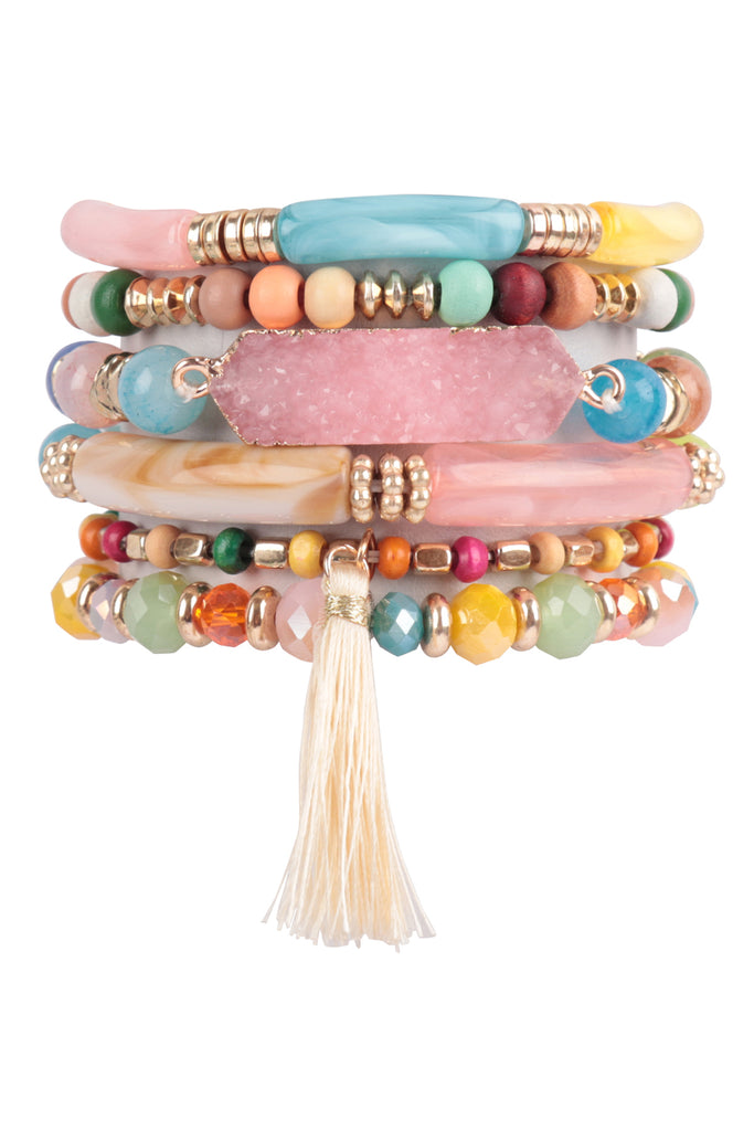 CHARM MIX BEADS TUBULAR DRUZY W/ TASSEL VERSATILE BRACELET