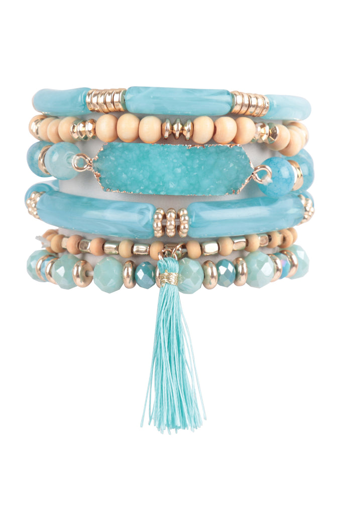 CHARM MIX BEADS TUBULAR DRUZY W/ TASSEL VERSATILE BRACELET