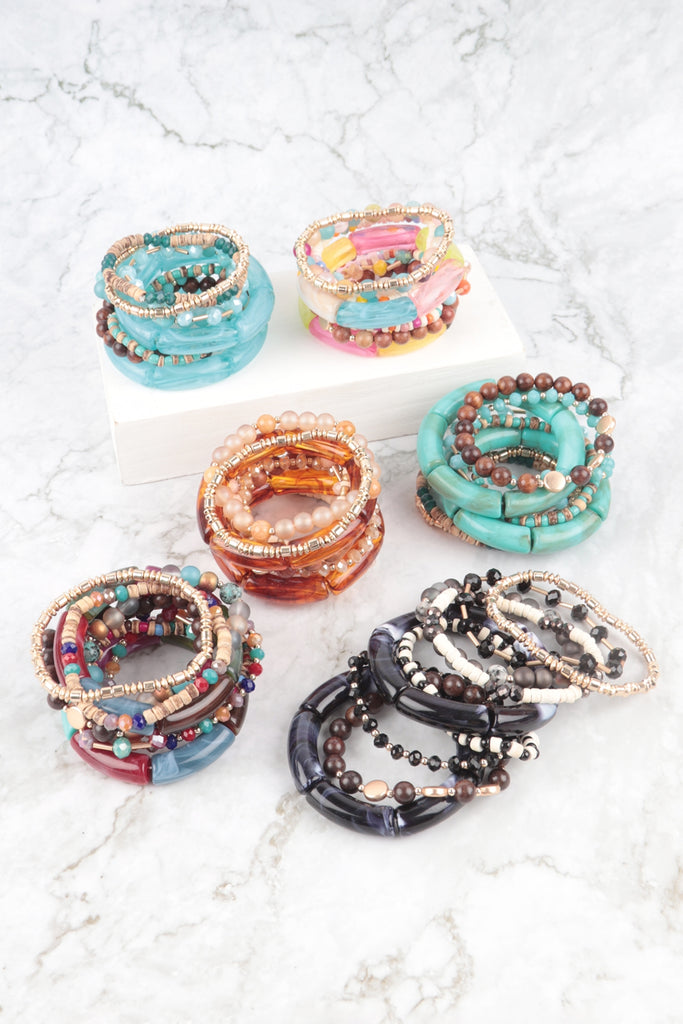 MIX BEADS, TUBULAR, WOOD, RONDELLE, CHARM VERSATILE STRETCH BRACELET