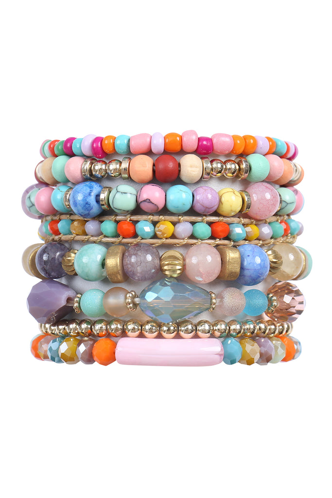 CHARM MIX BEADS NATURAL STONE WOOD LAYERED STACKABLE VERSATILE BRACELET SET