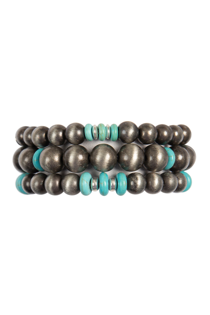 WOOD BEAD WITH NATURAL STONE LAYERED BRACELET SET