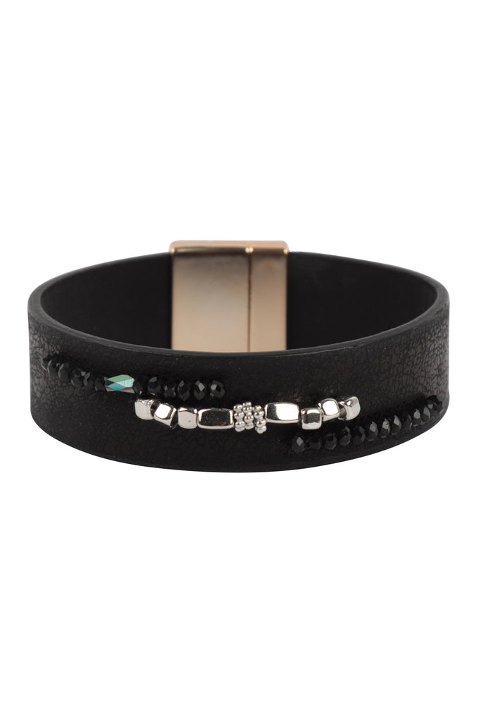 TEXTURED LEATHER WRAP WITH METAL BEADS MAGNETIC LOCK BRACELET