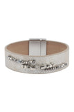 TEXTURED LEATHER WRAP WITH METAL BEADS MAGNETIC LOCK BRACELET