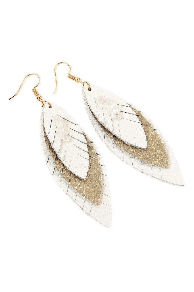 THREE LAYER FRINGE LEATHER MARQUISE EARRINGS