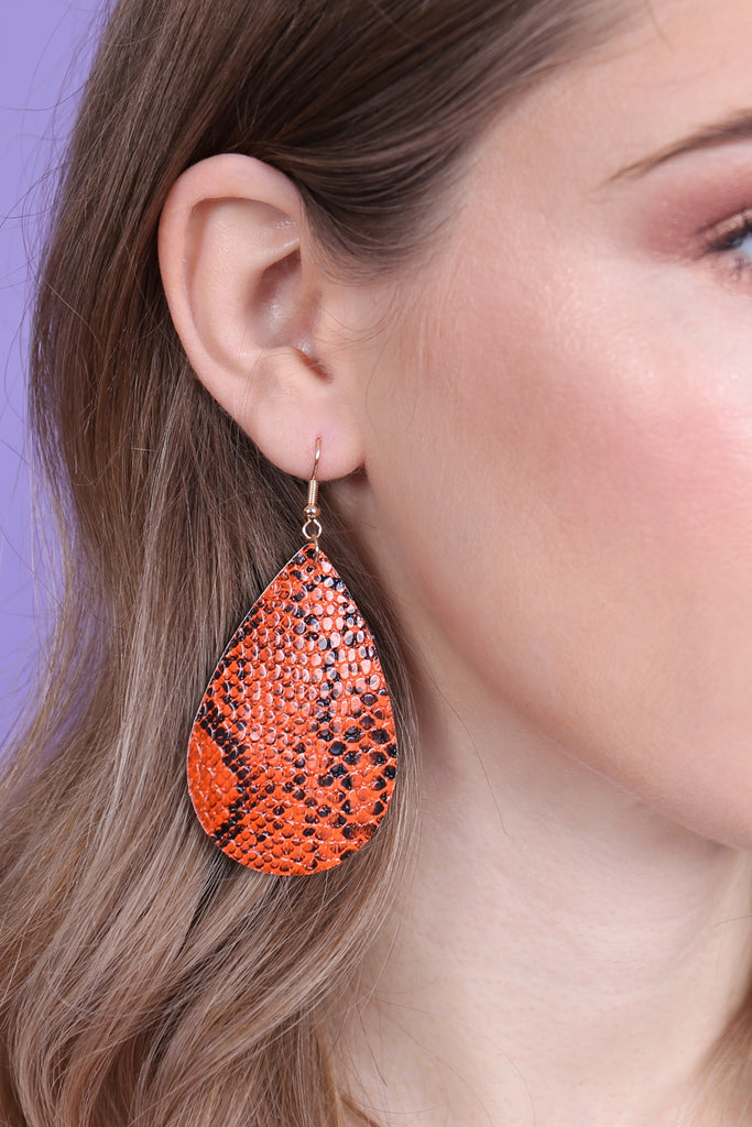 Snake Skin Leather Teardrop Earrings