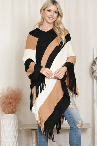 PLAID KNIT WARMER FRINGE OPEN FRONT KIMONO