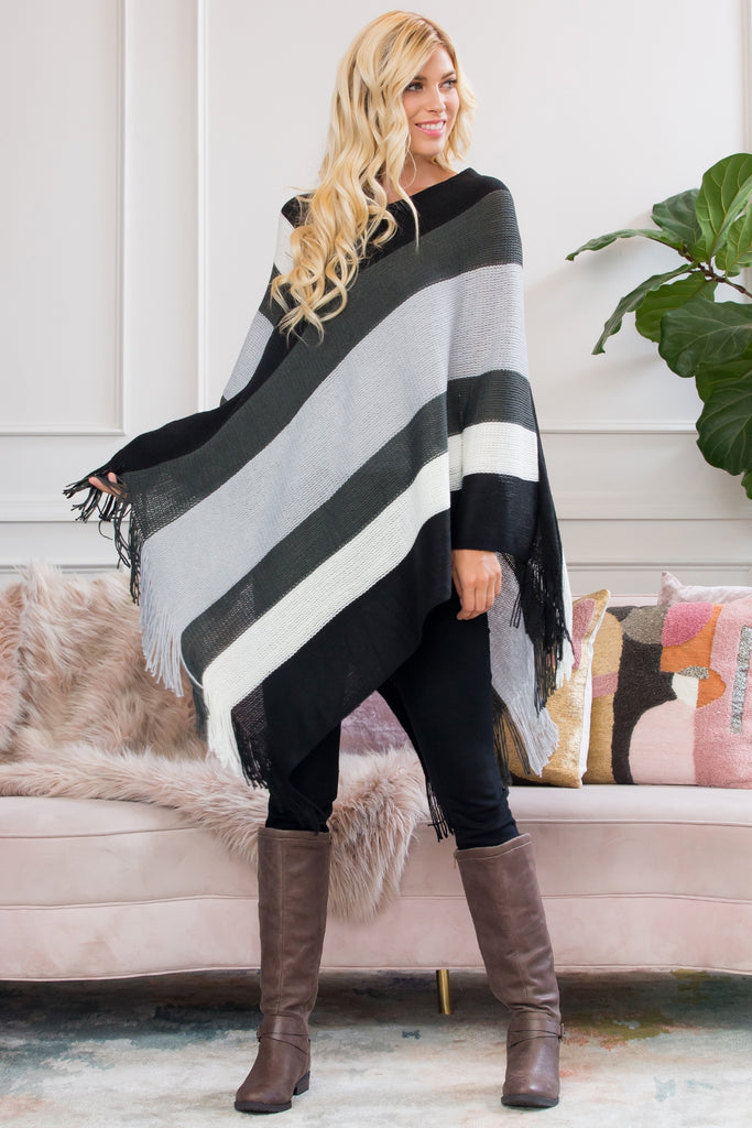 HDF2099 - COLOR BLOCK FRINGE PONCHO