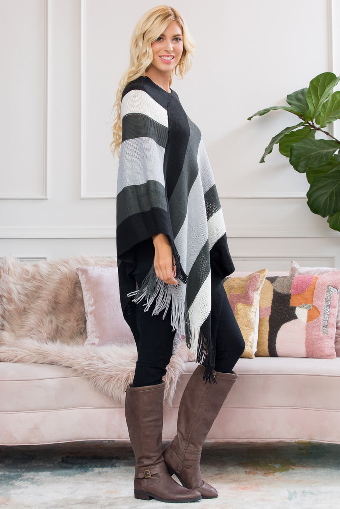 HDF2099 - COLOR BLOCK FRINGE PONCHO